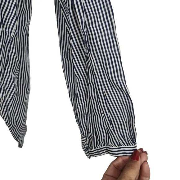 J Crew Blue Stripe Top Women Size 6 Long Sleeve Tie Neckline Nautical Semi-sheer - Picture 3 of 9